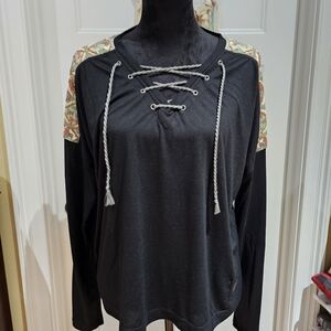 Double D Ranch Black Lace-Up Top with Colorful Bead Accents, Size XL